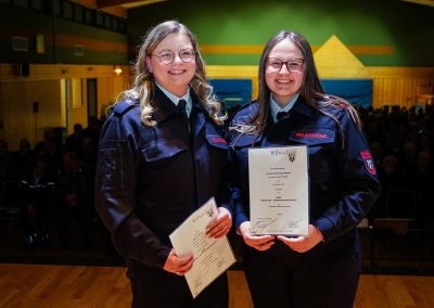 Staffelstabübergabe in der Kinderfeuerwehr: Larissa Camminga-Meyer (rechts) übernimmt das Amt der Gemeindekinderfeuerwehrwartin, während Janna Müller (links) unter Applaus verabschiedet wird. Beide zeigen ihre Urkunden.
