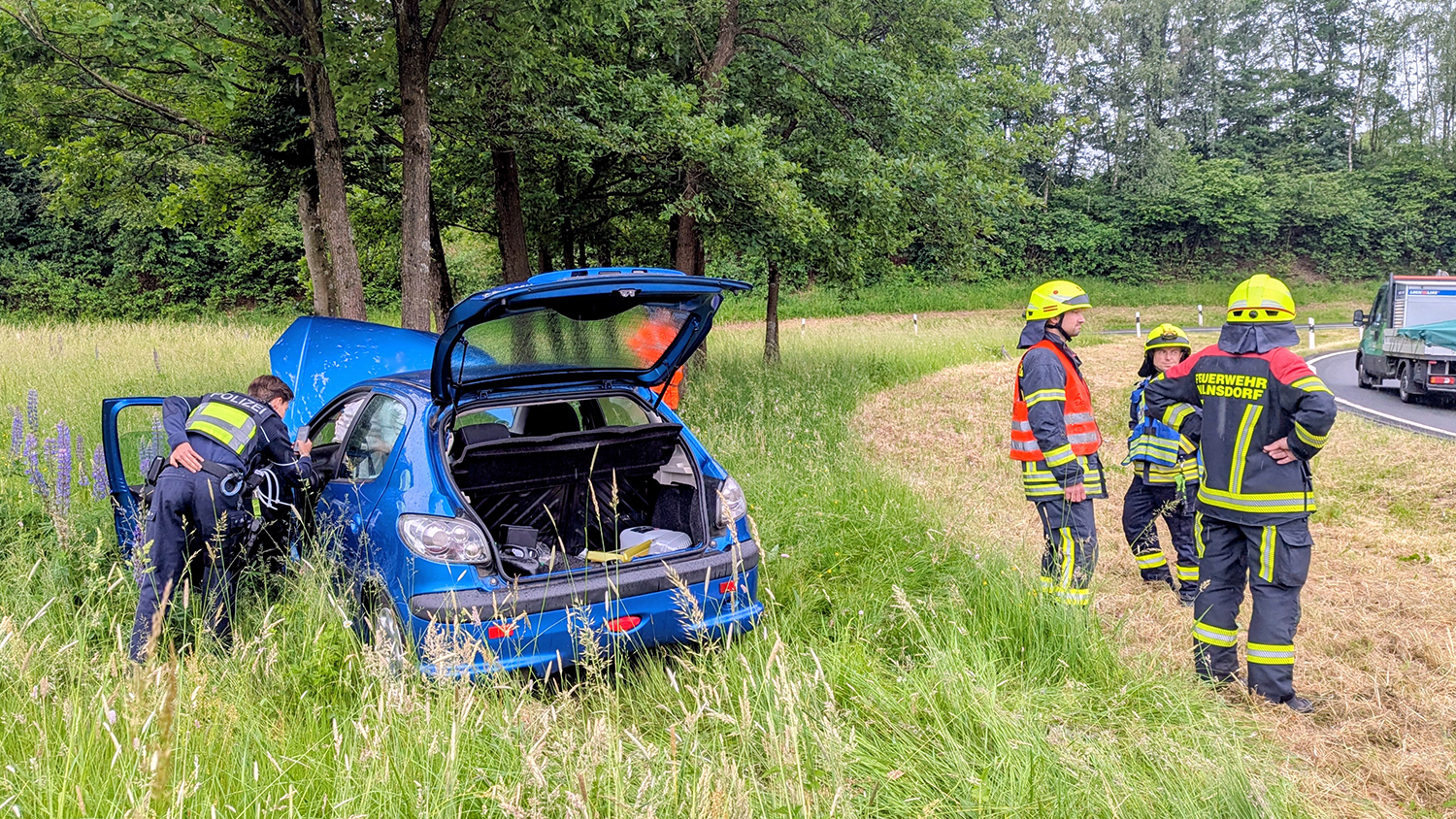 Ein blauer Kleinwagen steht nach einem Unfall auf einer Wiese. Ein Polizist und drei Feuerwehrkräfte sichern die Unfallstelle ab.