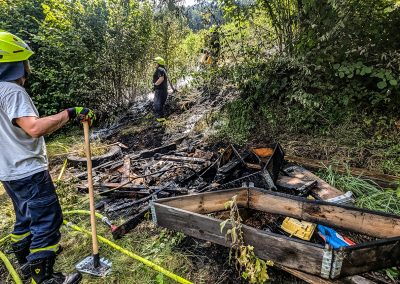 Feuerwehrkräfte bei Löscharbeiten an einer Brandstelle im Wald.